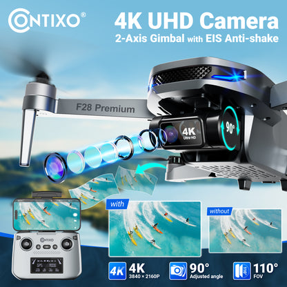 Contixo F28 Premium 4K GPS drone with 2-axis gimbal, remote control, and camera lens display