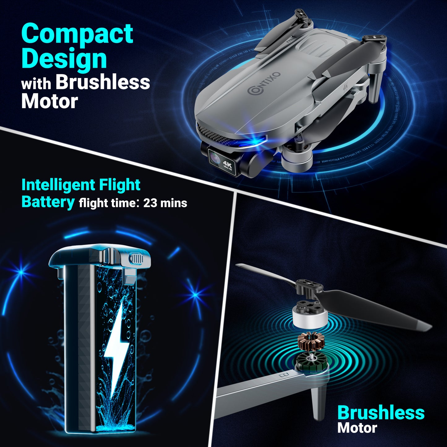 Contixo F28 GPS 4K drone with brushless motor, compact design, and 23-minute flight time