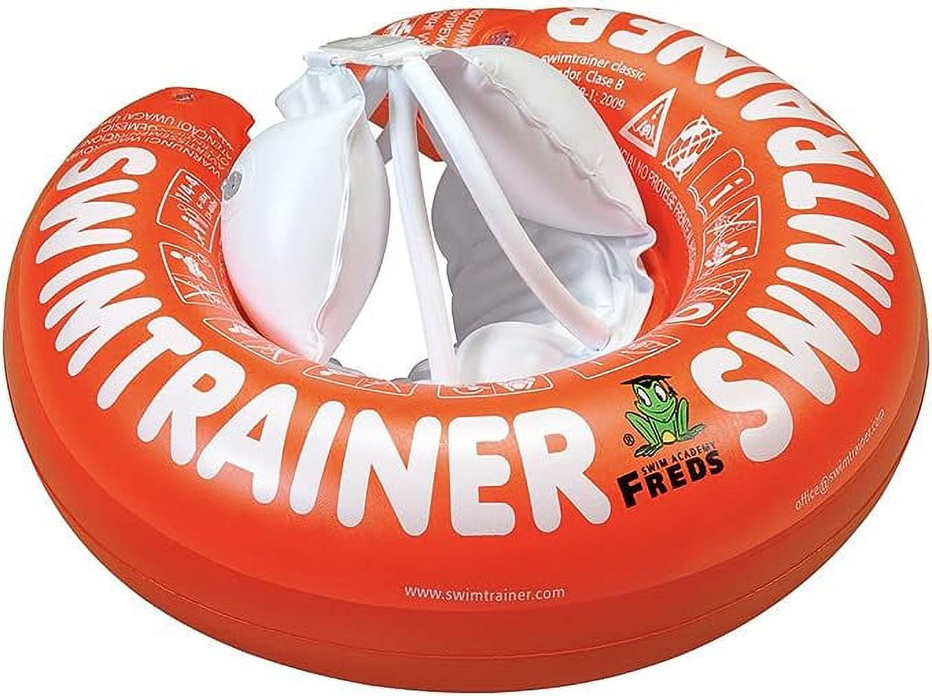 Red inflatable swim trainer with white text and frog logo, featuring white handles and interior white seat support