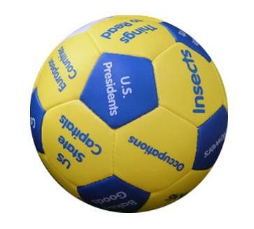 Yellow and blue soft ball with text panels covering the surface, labeled as an interactive learning ball