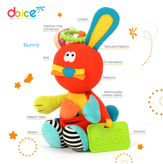 Dolce Hoppy the Bunny plush toy with labeled features including crinkle carrot, tether ring connector, bell, textured fabrics, embroidery, ribbons, removable cr