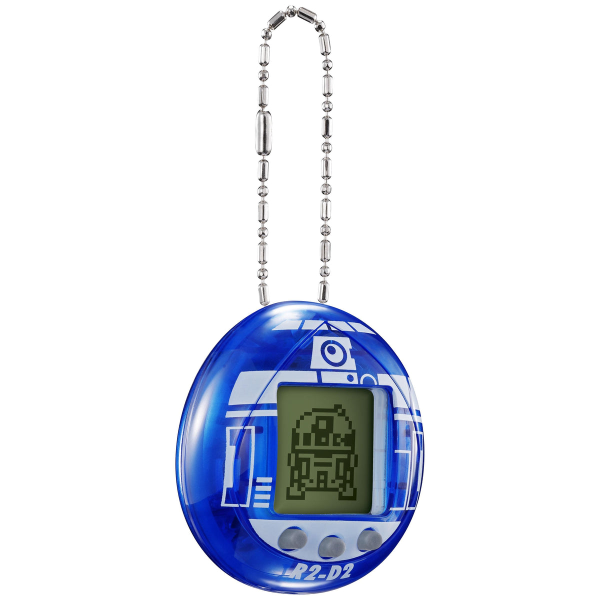 Blue R2-D2 Tamagotchi nano virtual pet with silver chain attachment and LCD screen displaying pixel art character