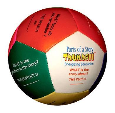 Red, green, and cream-colored inflatable ball with text panels labeled "Parts of a Story" including prompts like "WHAT is the story?", "THE CONFLICT IS", "WHAT