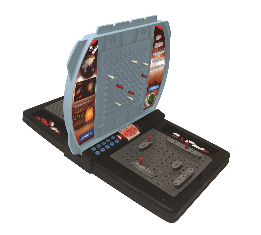 Lexibook Electronic Talking Sea Battle Game with gray and black handheld unit featuring illuminated display screens, control buttons, and red and white game peg
