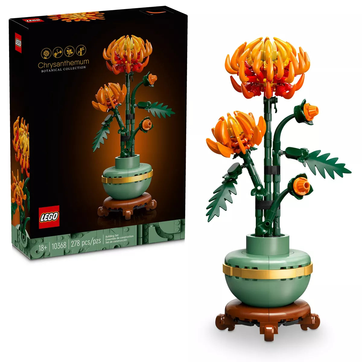 LEGO Icons Chrysanthemum Botanical Collection building set with orange flower blooms on green stem in pot, shown with packaging box