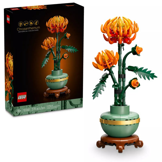 LEGO Icons Chrysanthemum Botanical Collection building set with orange flower blooms on green stem in pot, shown with packaging box