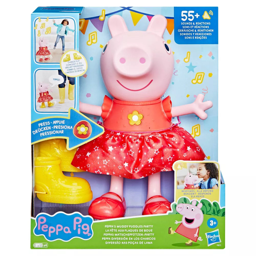 Peppa Pig interactive doll wearing red star-print dress and red shoes, with 55+ sounds and reactions, includes yellow puddle accessory, shown in packaging