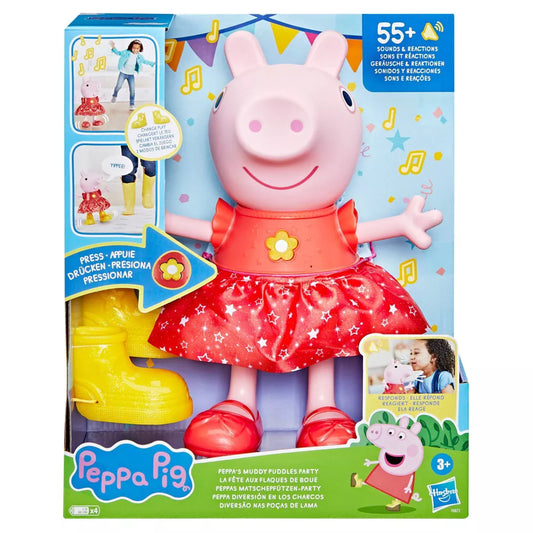Peppa Pig interactive doll wearing red star-print dress and red shoes, with 55+ sounds and reactions, includes yellow puddle accessory, shown in packaging