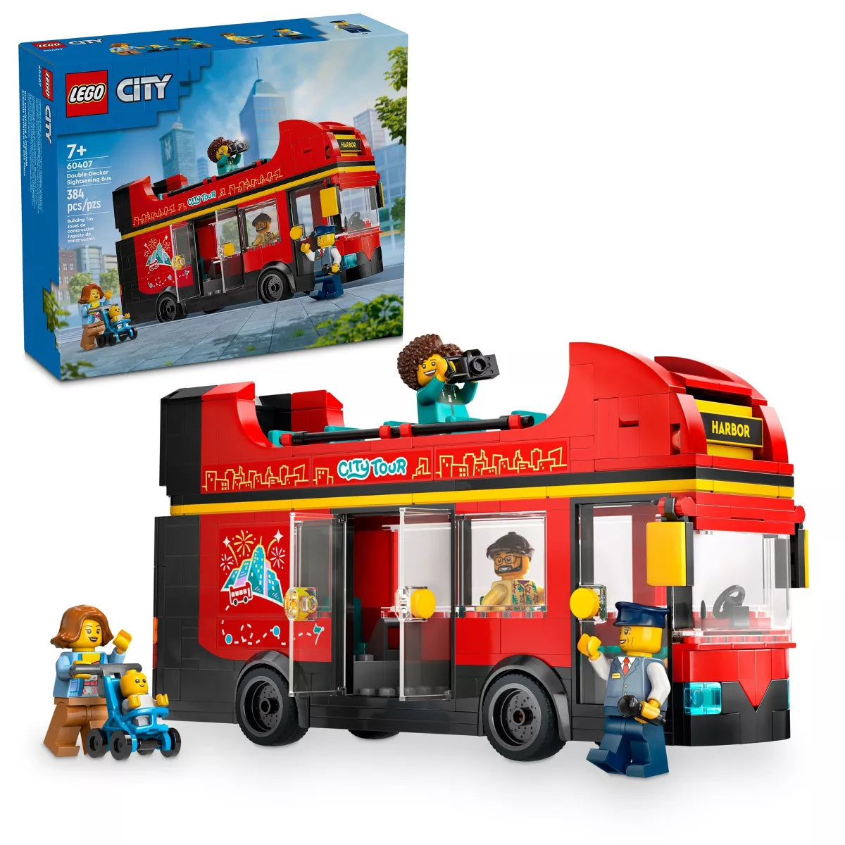 LEGO City red and black double-decker sightseeing bus set with minifigures, box, and instruction booklet displayed