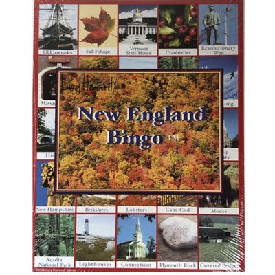 New England Bingo board game box featuring fall foliage imagery and regional landmarks including lighthouses, churches, and historic sites around the border