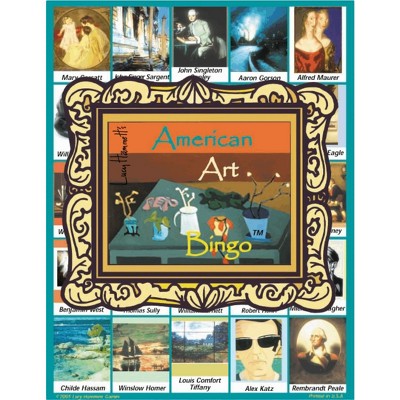 American Art Bingo Game box featuring ornate frame with famous paintings and artwork images around the border, center showing game title and illustrated art sup