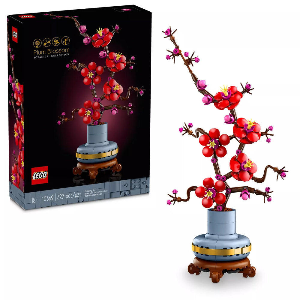 LEGO Icons Plum Blossom building set with red and pink flowers on brown branches in a gray and gold pot