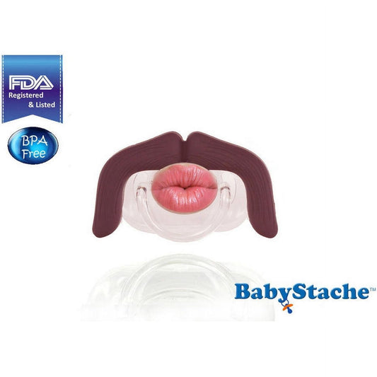 BabyStache Kissable Wrangler mustache pacifier with burgundy hair and pink lips