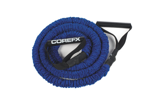 Corefx Toner 4 Light resistance trainer with blue textured cord and black handles on plain background