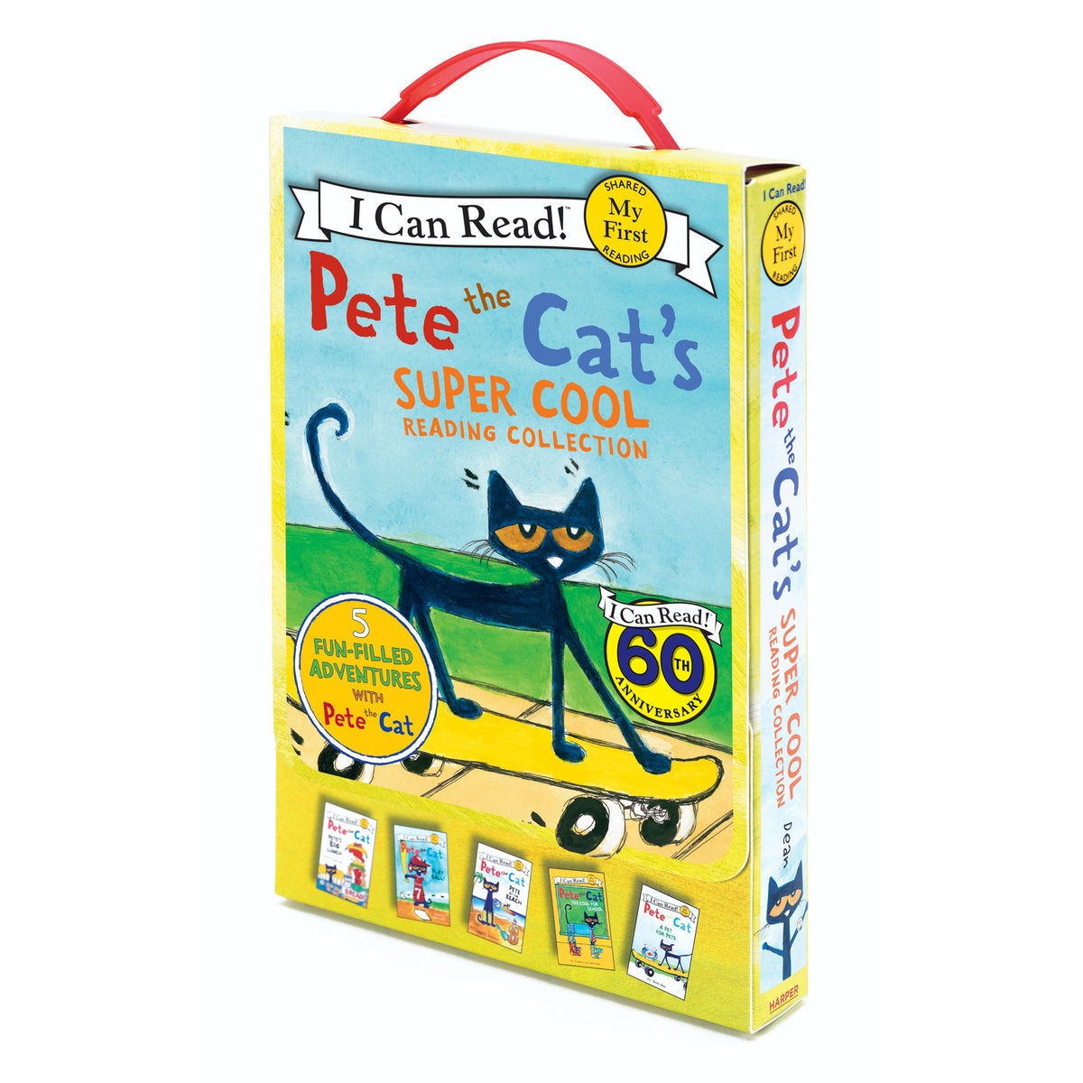 Pete the Cat's Super Cool Reading Collection box set featuring black cat on yellow skateboard with red handle and fiv...