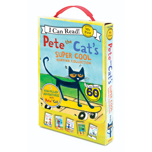 Pete the Cat's Super Cool Reading Collection box set featuring black cat on yellow skateboard with red handle and fiv...