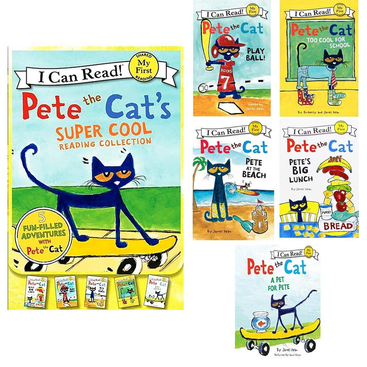 Pete the Cat's Super Cool Reading Collection set of 5 books featuring blue cat character on yellow and green backgrounds
