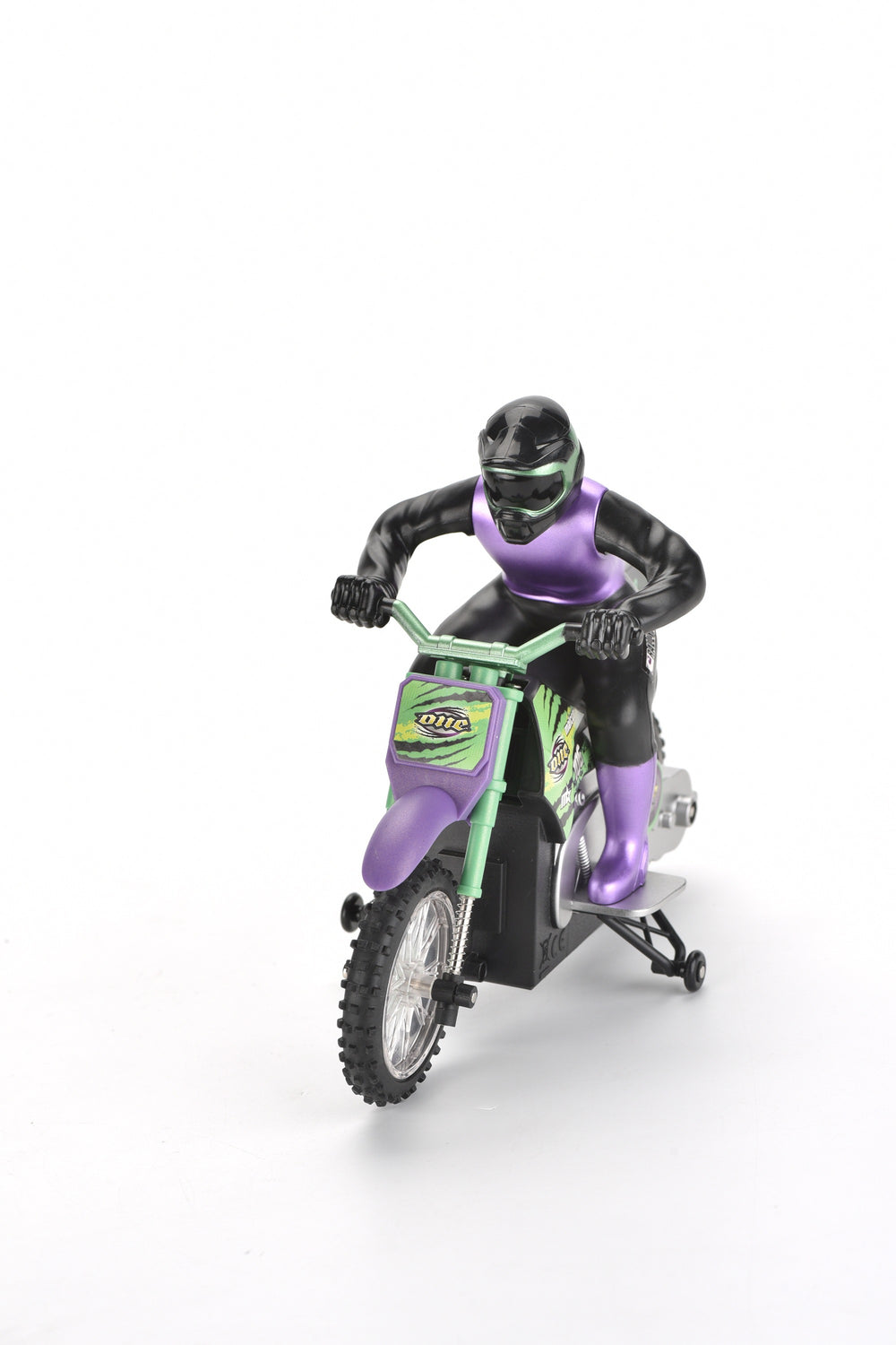 Purple and green radio control stunt motorcycle with black rider figure on white background