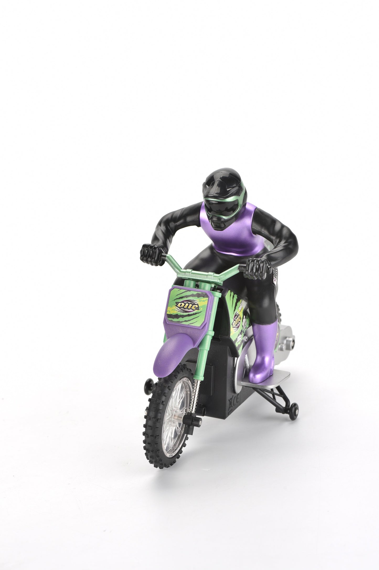 Purple and green radio control stunt motorcycle with black rider figure on white background