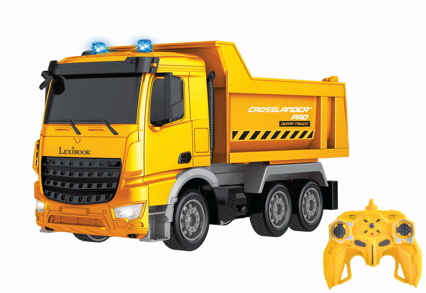 Yellow Lexibook Crosslander PRO remote-controlled dump truck with opening bed, blue lights on roof, shown with yellow controller