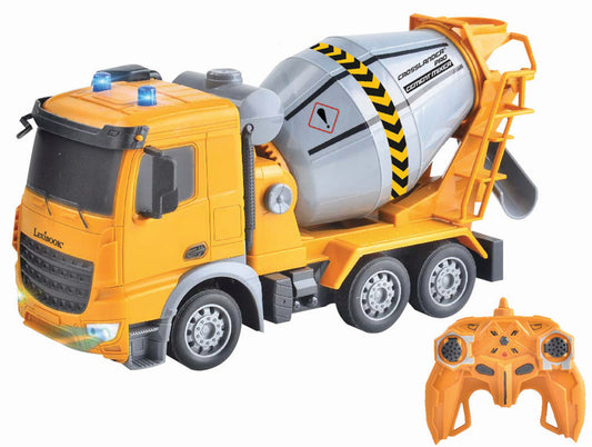 Yellow and gray remote-controlled cement mixer truck with rotating drum, blue lights, and orange radio control included
