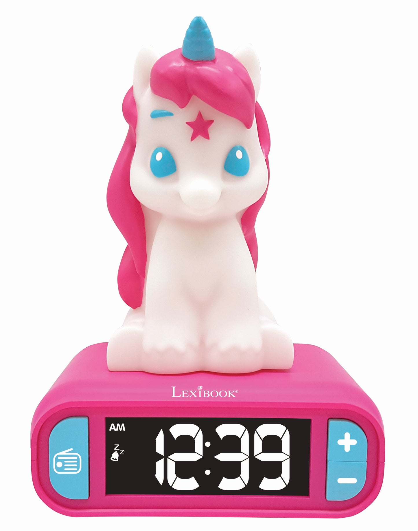 White and pink unicorn-shaped digital alarm clock with blue horn and eyes, displaying 12:39 on LED screen, mounted on pink base branded Lexibook