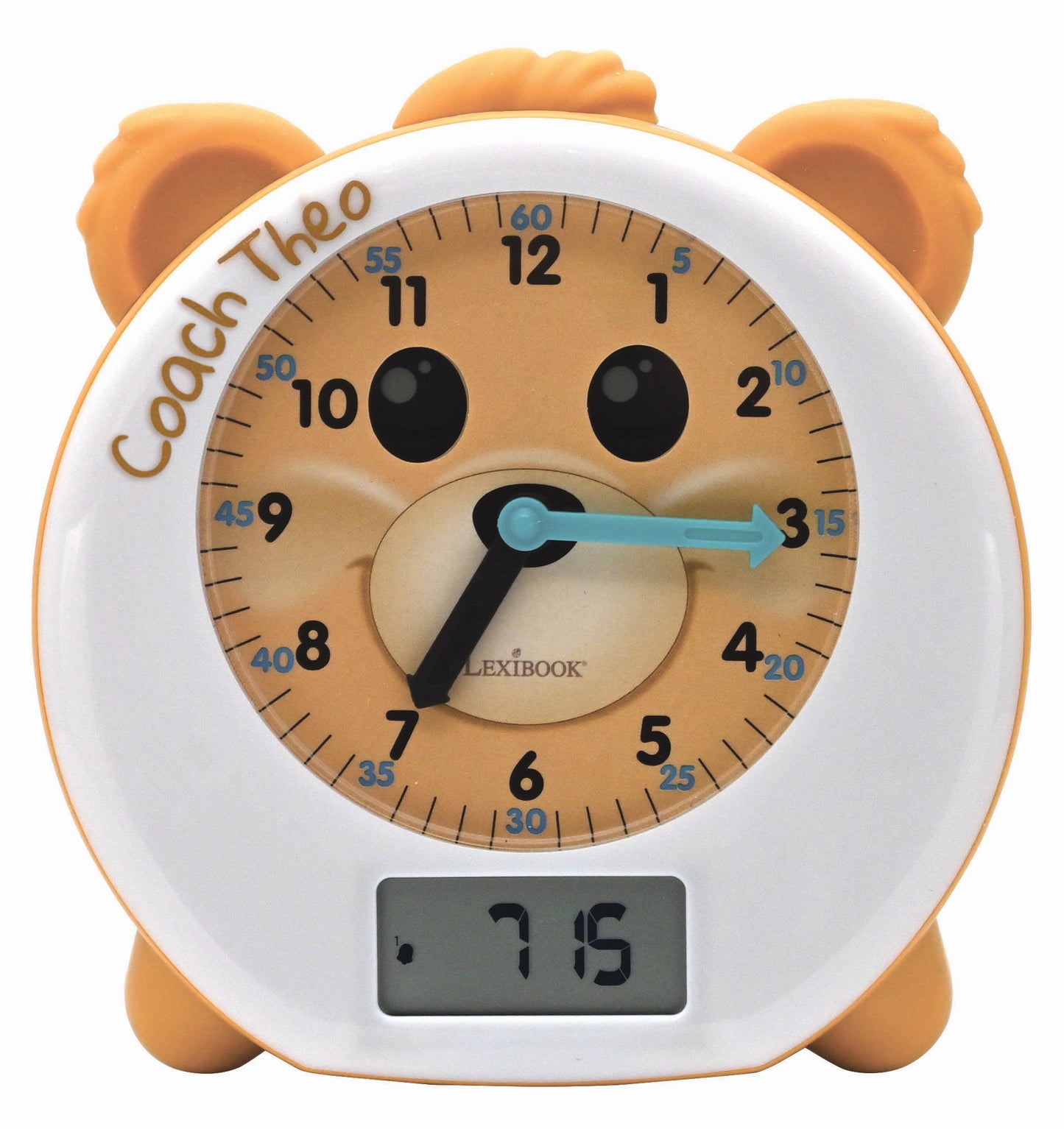 Coach Theo learning clock with tan bear face, orange ears, white rim, analog clock hands, and digital display showing 7:15