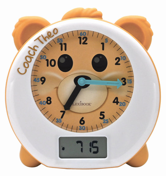 Coach Theo learning clock with tan bear face, orange ears, white rim, analog clock hands, and digital display showing 7:15