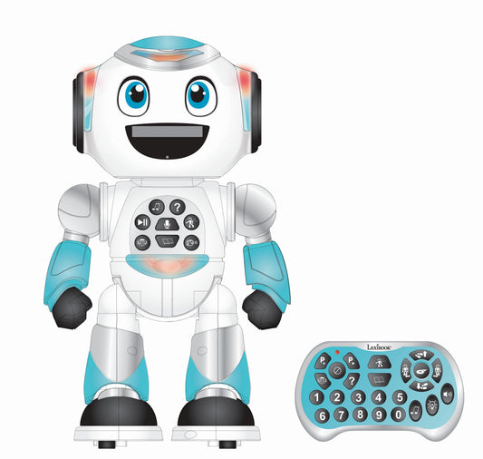White and turquoise Lexibook POWERMAN robot with large blue eyes, smiling face, control panel on chest, and wireless remote control shown below