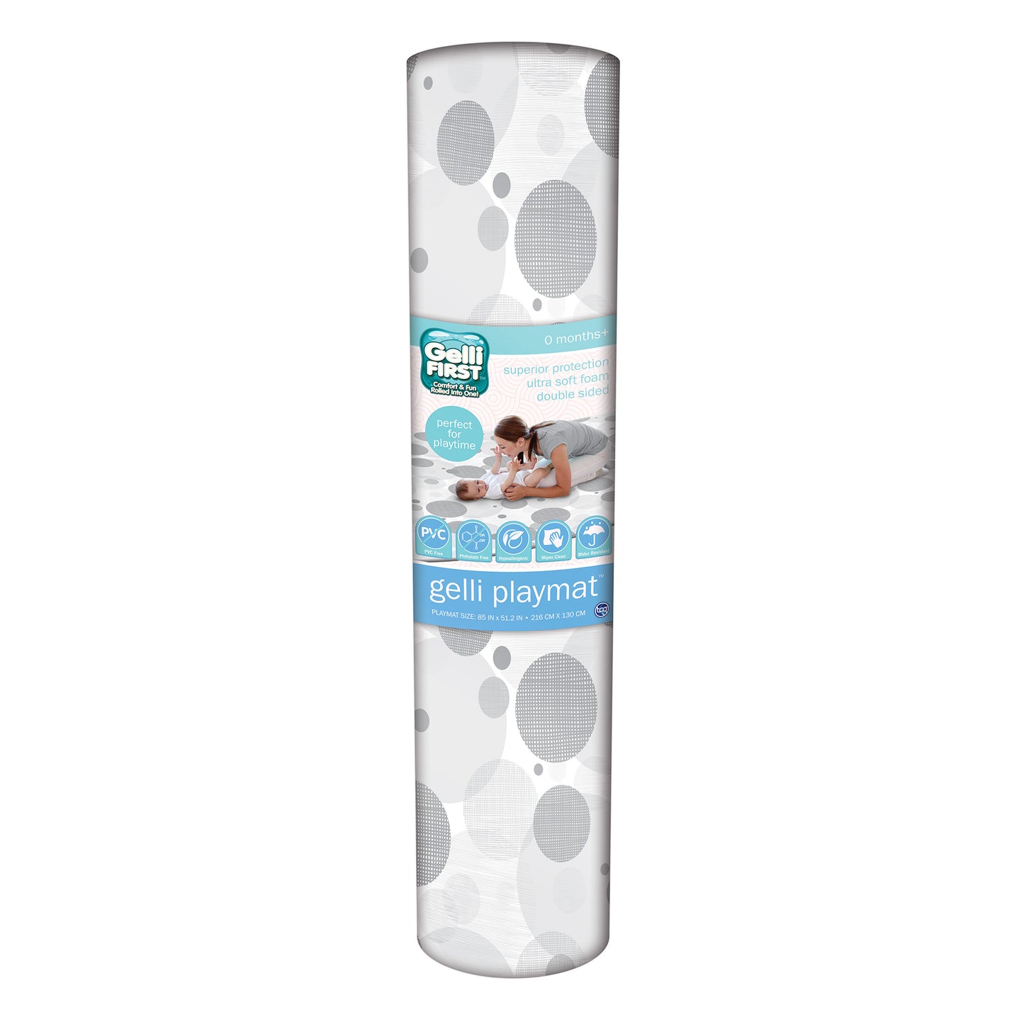 Gelli First Mat rolled in packaging, white with gray polka dots, turquoise band showing product name and features for newborns and playtime