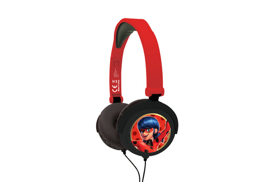 Red and black foldable headphones with Miraculous Ladybug character design on ear cups, red padded headband