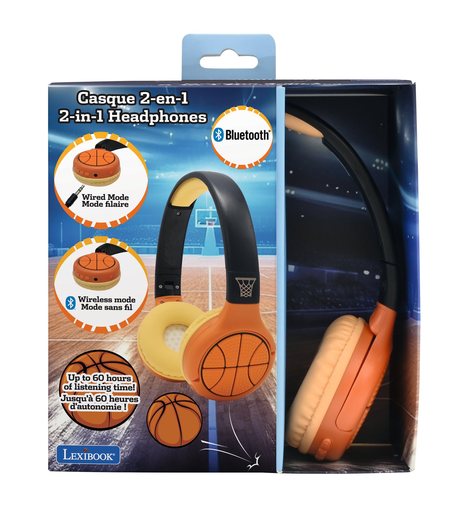 Basketball-themed 2-in-1 headphones with orange and yellow padded ear cups, black headband, wired and wireless Bluetooth modes, up to 60 hours battery life, sho