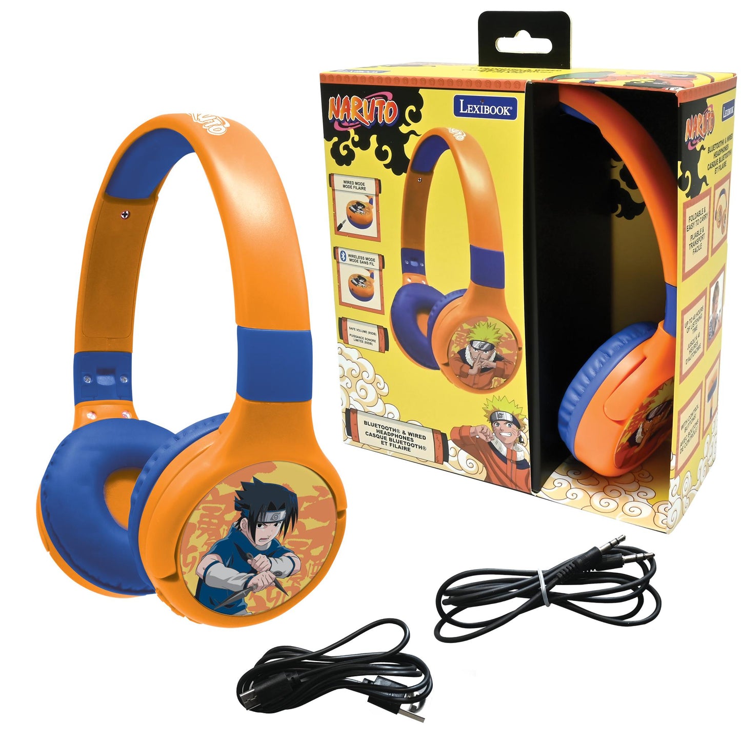 Orange and blue Naruto Bluetooth and wired headphones with character artwork on ear cups, shown with packaging box and black audio cables