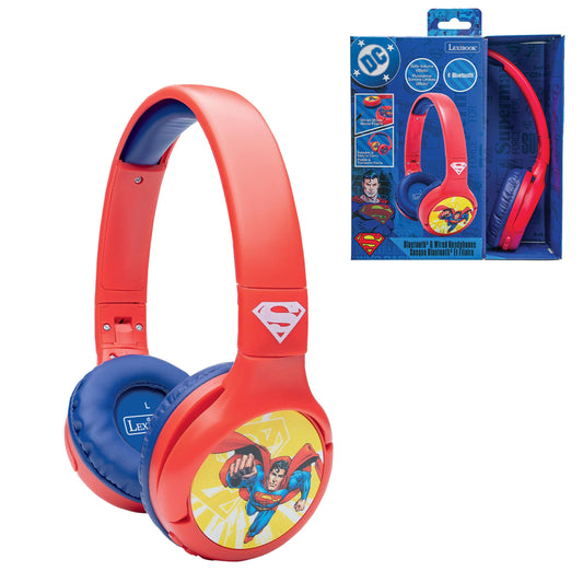 Superman Bluetooth and wired headphones with red ear cups, blue padded ear areas, and Superman graphic on ear cup, shown on plain background and in product pack