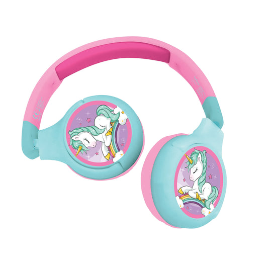Pink and turquoise foldable Bluetooth headphones with unicorn design on ear cups, featuring green-maned unicorns and rainbow details on purple background