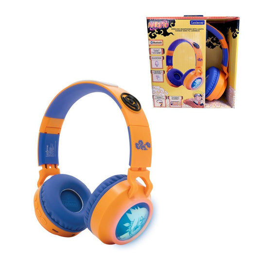 Naruto-themed wireless headphones with orange and blue color-blocking, padded ear cups, and illuminated design on ear cup shown on white background with packagi