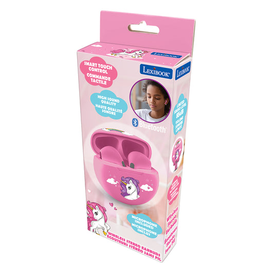 Lexibook pink unicorn Bluetooth wireless earbuds with charging case, modeled by a child, features smart touch control and microphone