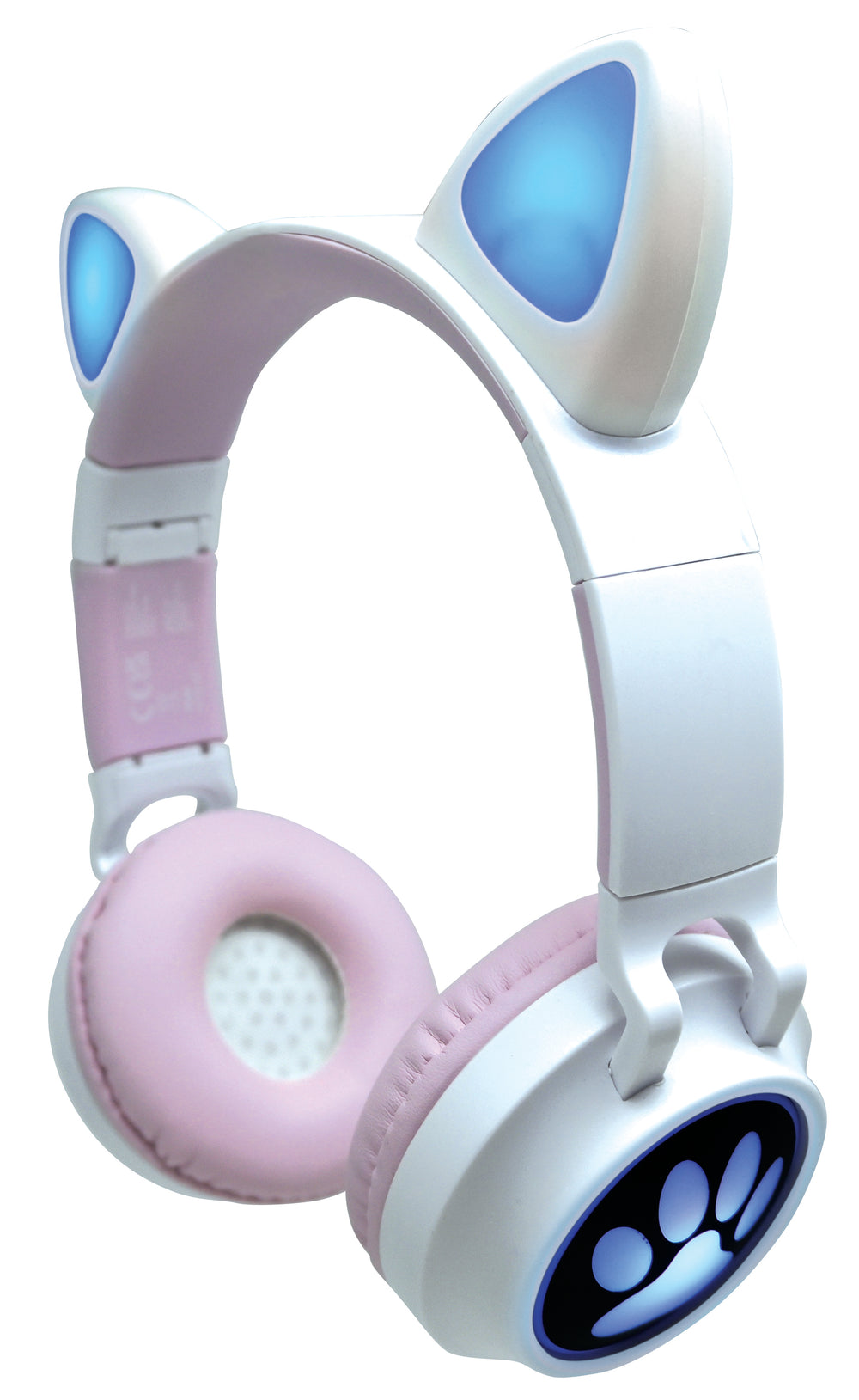 White and pink Bluetooth cat ear headphones with blue LED lights in the ears and paw pad design on ear cups