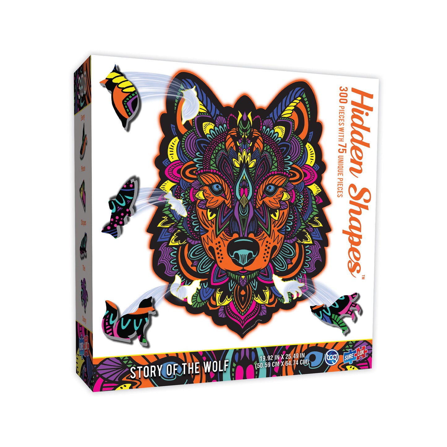 Hidden Shapes Wolf jigsaw puzzle box featuring a colorful mandala-style wolf head with intricate orange, purple, yellow, and blue patterns, includes 300 pieces