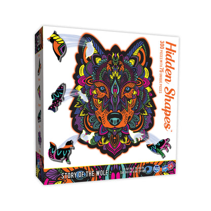 Hidden Shapes Wolf jigsaw puzzle box featuring a colorful mandala-style wolf head with intricate orange, purple, yellow, and blue patterns, includes 300 pieces
