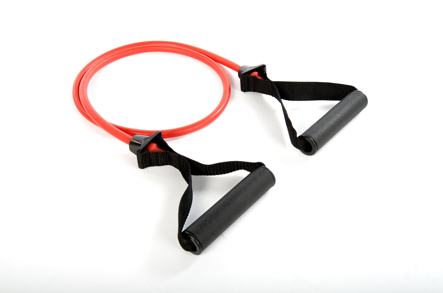 Red resistance tubing with black handles and webbing straps for exercise and strength training