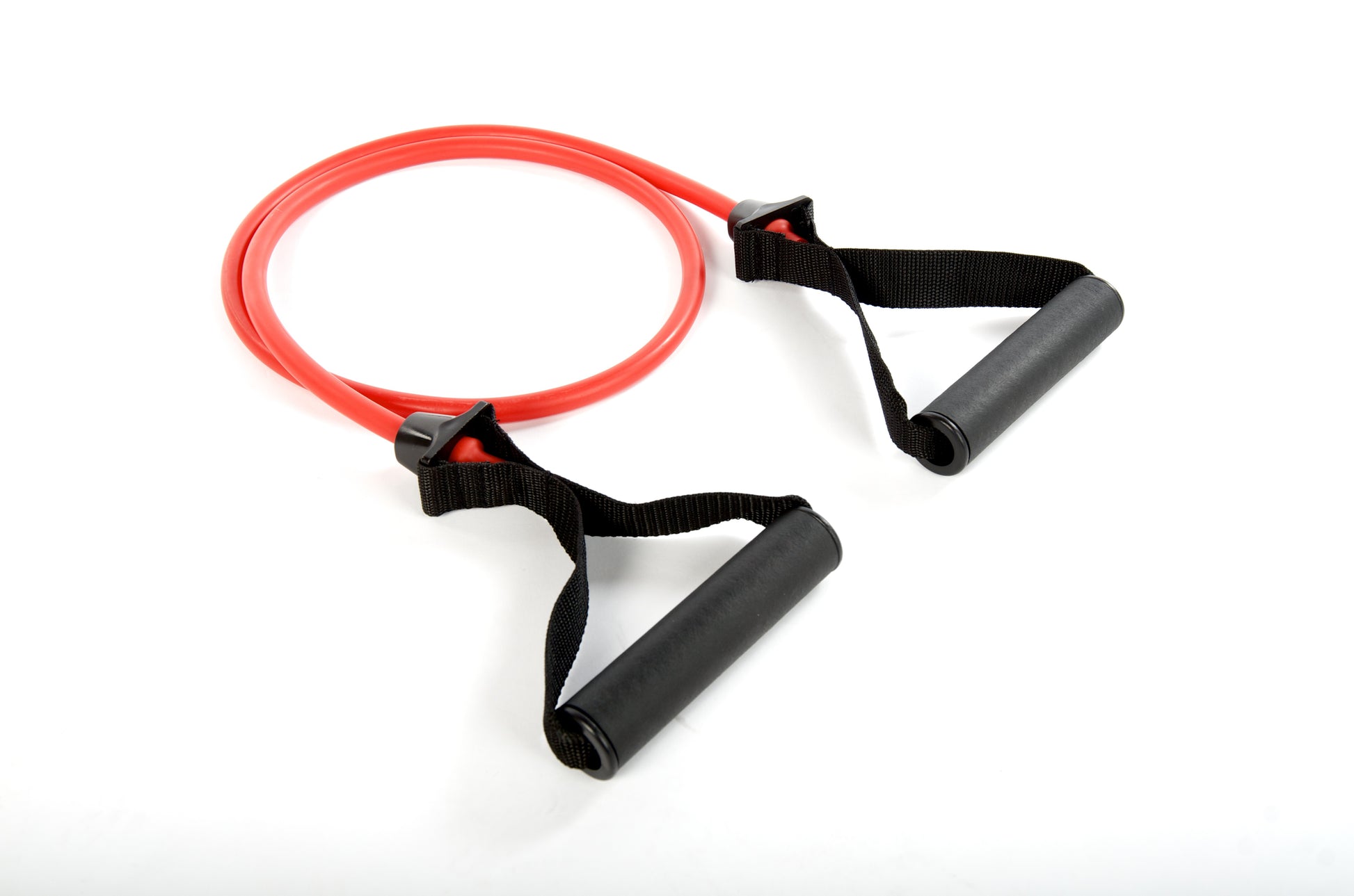 Red resistance tubing with black handles and webbing straps for exercise and strength training