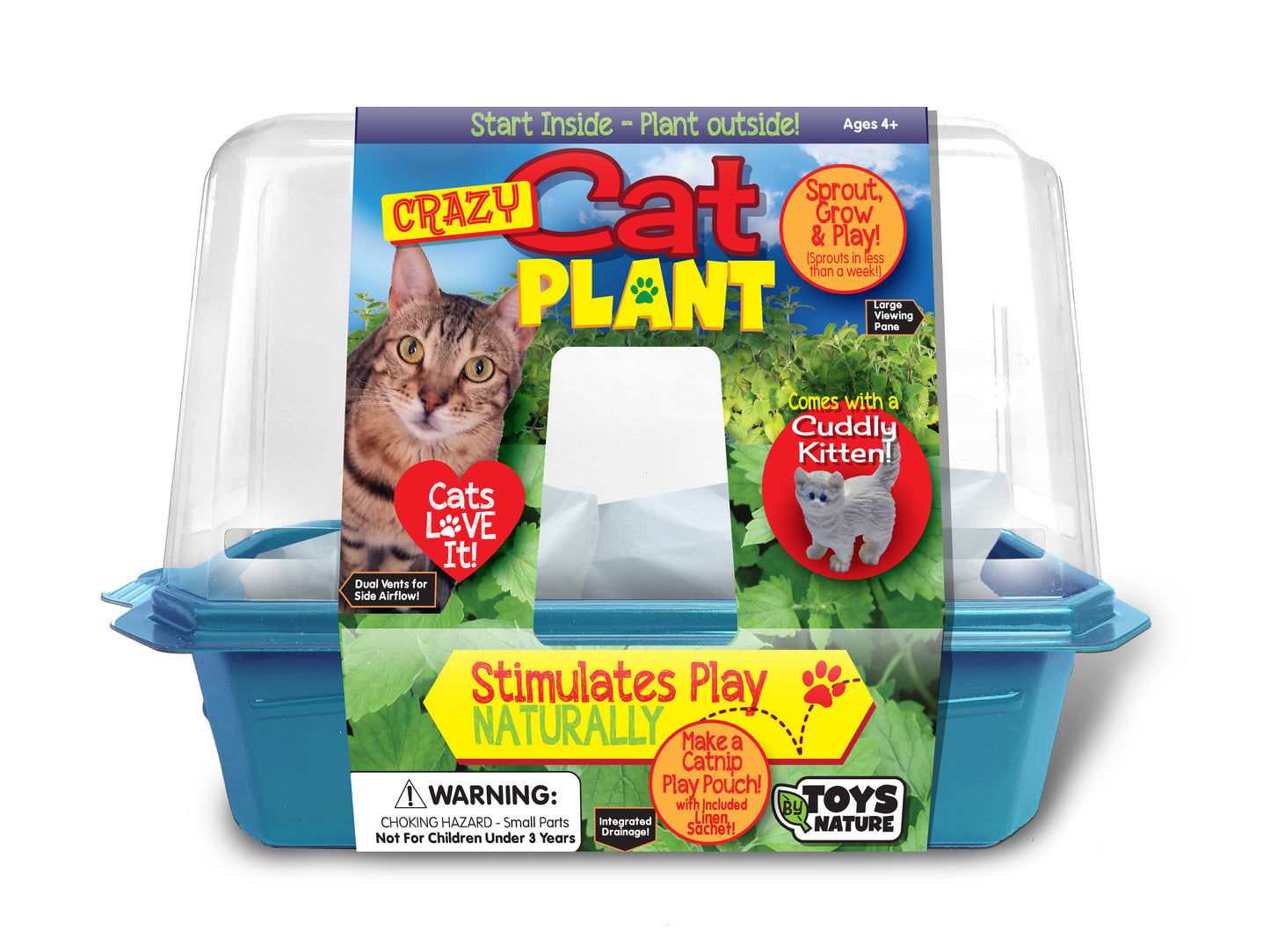 Crazy Cat Plant growing kit in blue plastic container with cat image on packaging, includes cuddly kitten plush toy, seeds to grow plants indoors