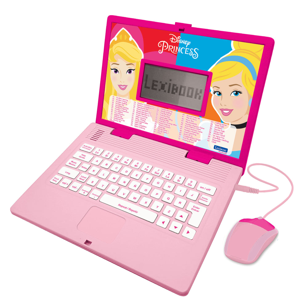 Pink Disney Princess educational laptop with bilingual keyboard, matching mouse, and LCD screen displaying princess characters and learning activities