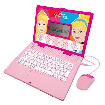 Pink Disney Princess educational laptop with bilingual keyboard, matching mouse, and LCD screen displaying princess characters and learning activities