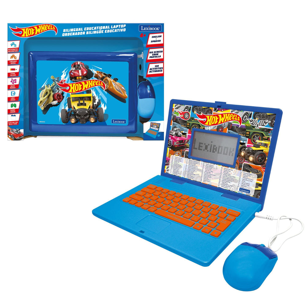 Hot Wheels Bilingual Educational Laptop by Lexibook with blue case, orange keyboard, blue mouse, and screen displaying Hot Wheels cars and characters