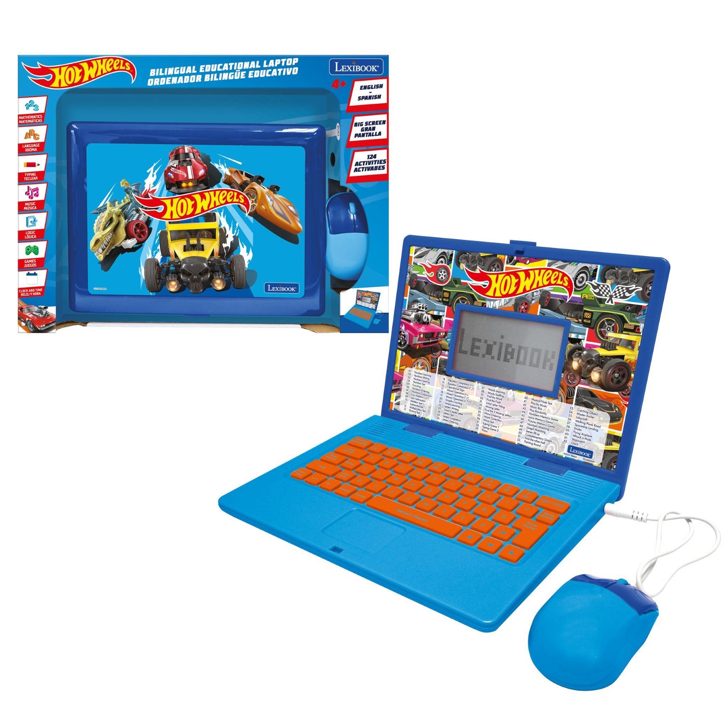 Hot Wheels Bilingual Educational Laptop by Lexibook with blue case, orange keyboard, blue mouse, and screen displaying Hot Wheels cars and characters