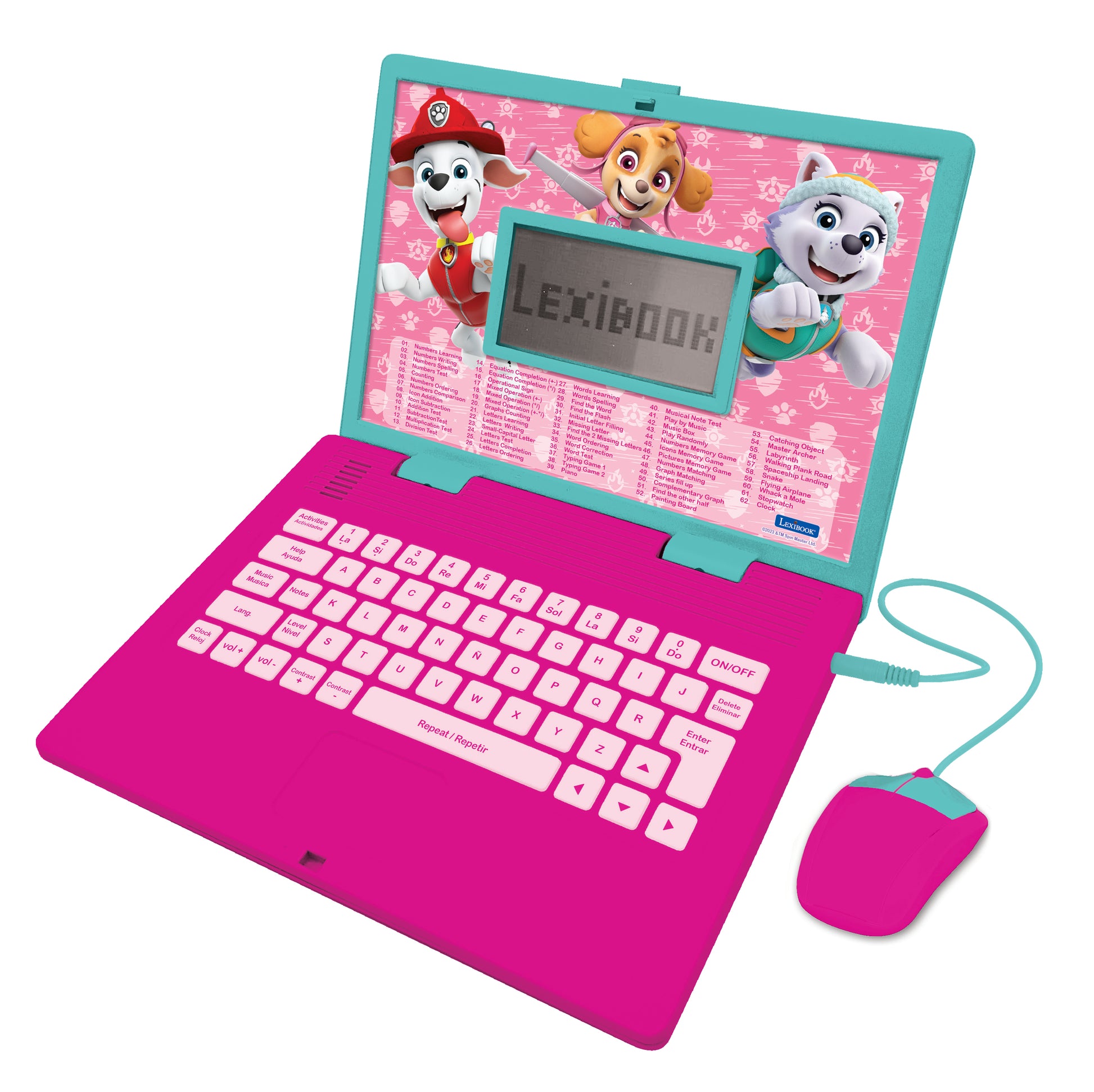 Paw Patrol bilingual educational laptop in hot pink and turquoise with three cartoon pups on screen, keyboard, and matching mouse with cord