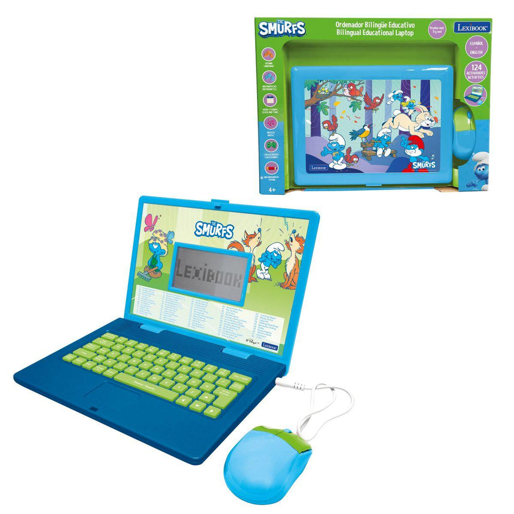 Smurfs bilingual educational laptop with blue casing, lime-green keyboard, and connected mouse, shown open and in packaging