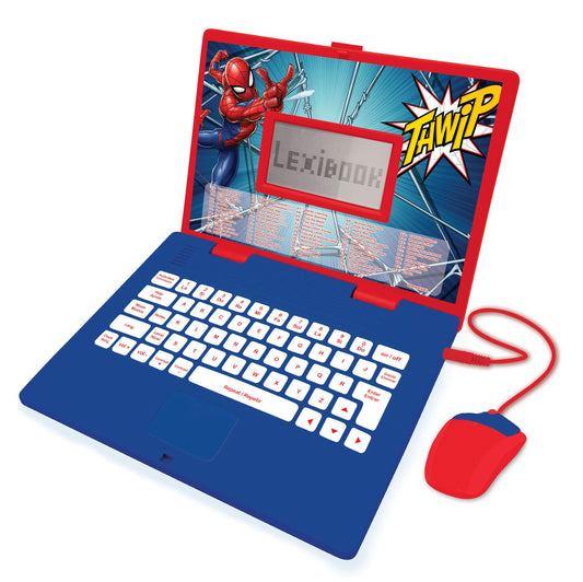Spider-Man bilingual educational laptop with red and blue casing, white keyboard, LCD screen, and red mouse with cord